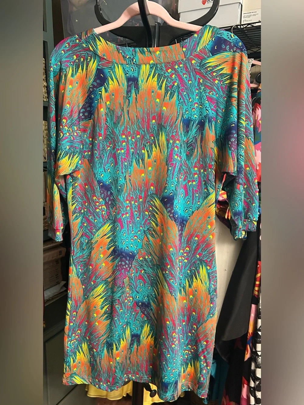 Tracy Negoshian Peacock Feather Print Shift Dress S Resort Boho Colorful